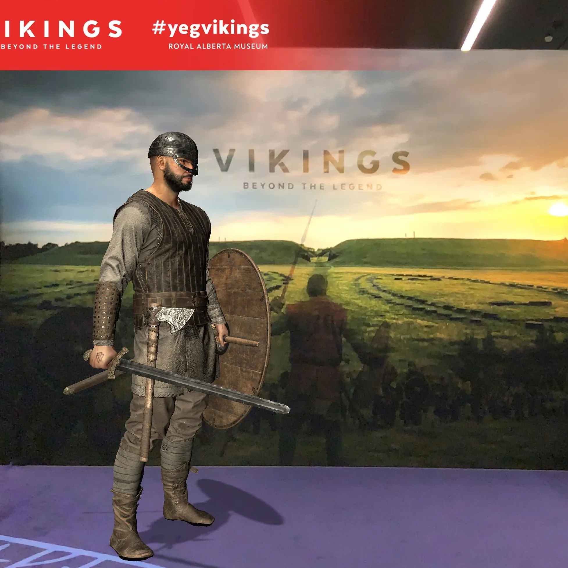 Museum visitor dressed in a Viking-inspired outfit