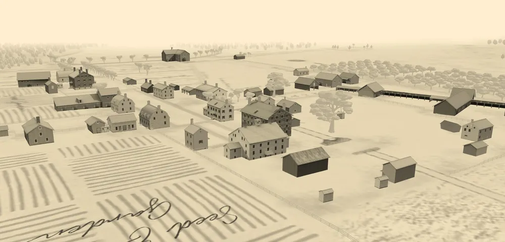 Isometric map-style render of the Watervliet Shaker Church Family buildings, based on the Buckingham Map