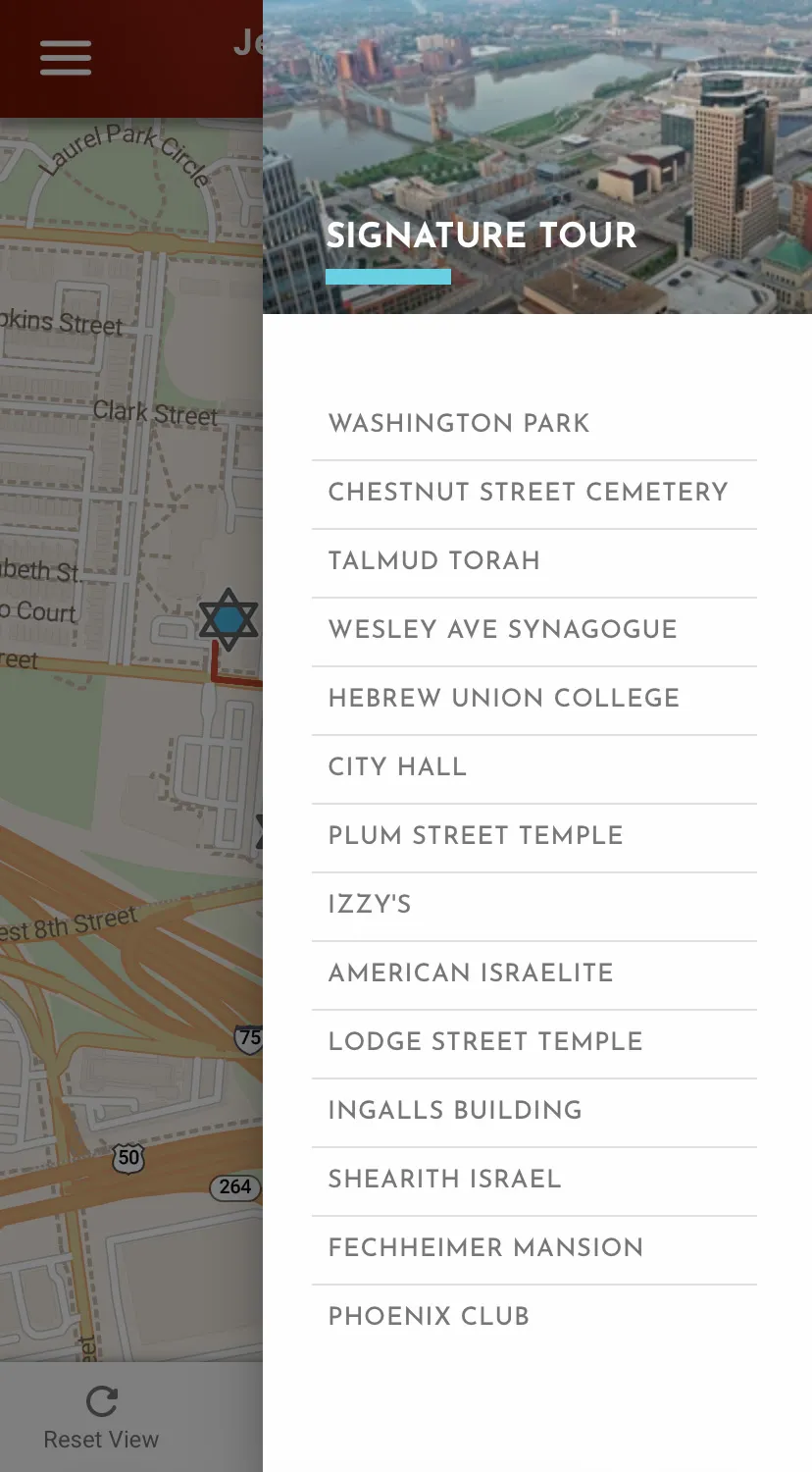 Map view of the walking tour route through Cincinnati's West End