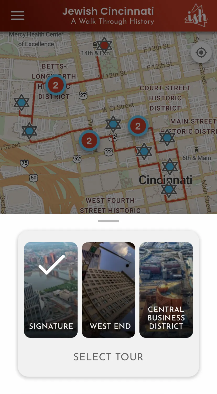 Tour selection screen with Signature, West End, and Central Business District options