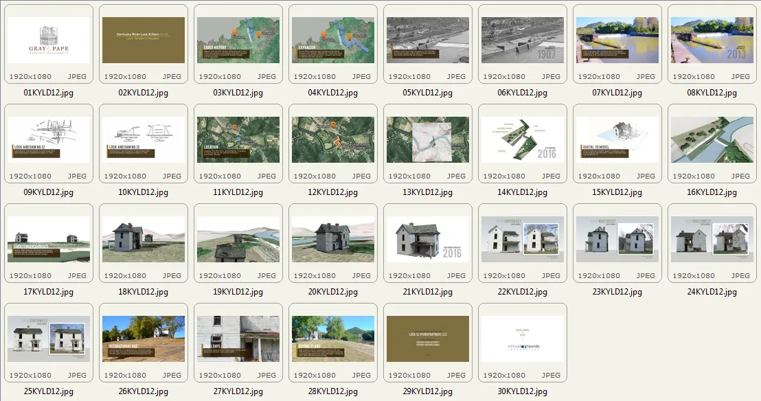 Selected frames from the Kentucky River Lock and Dam 12 documentary video showing archival maps, 3D reconstruction, and lock house photography