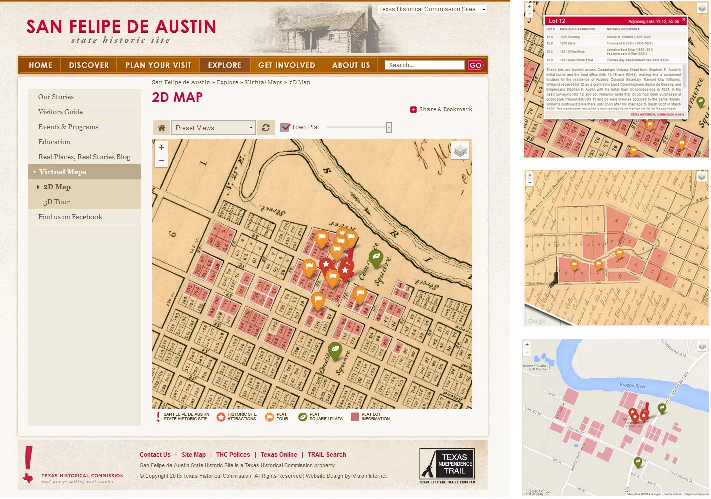 Mobile app screen inviting visitors to walk in the footsteps of the early pioneers in Texas history, with a portrait of Stephen F. Austin