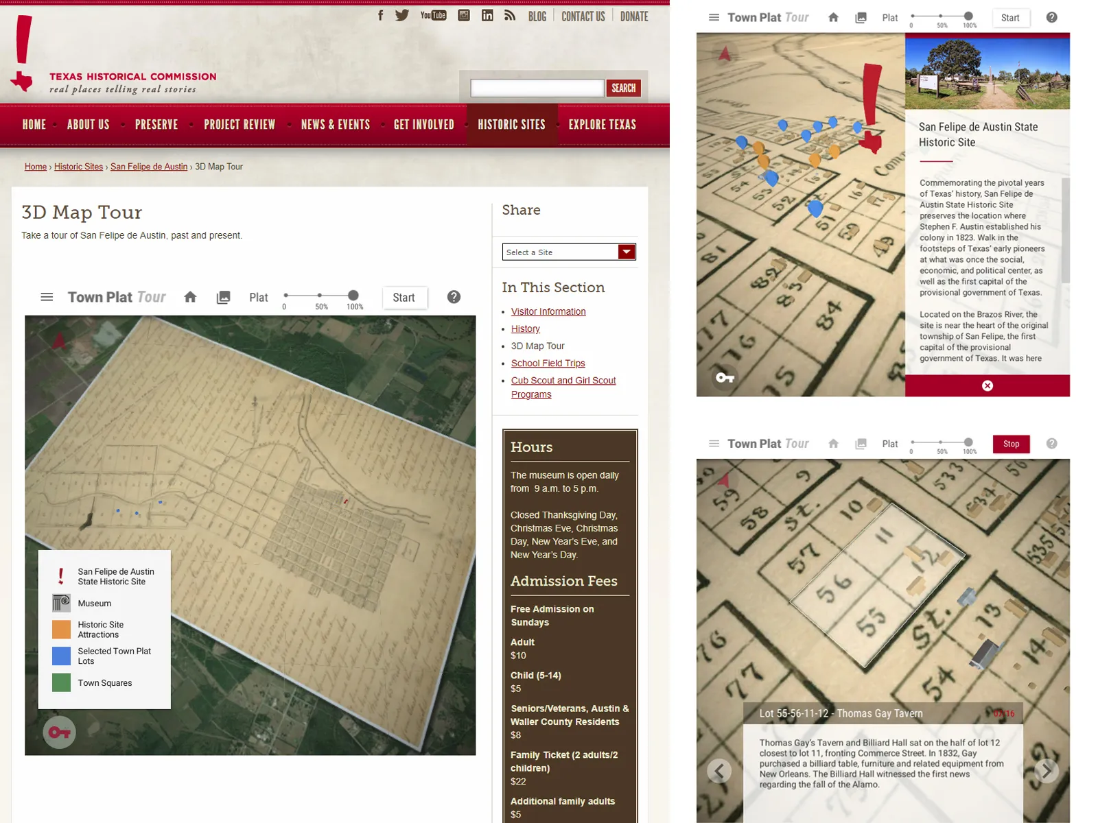 Mobile app screen inviting visitors to walk in the footsteps of the early pioneers in Texas history, with a portrait of Stephen F. Austin