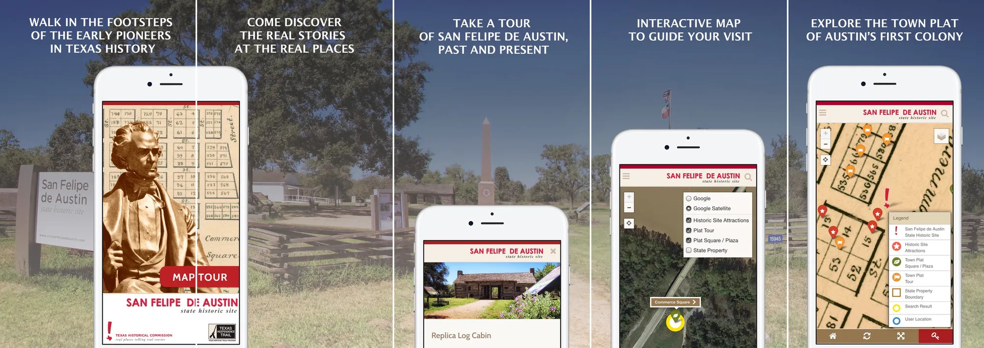 Mobile app screen inviting visitors to walk in the footsteps of the early pioneers in Texas history, with a portrait of Stephen F. Austin
