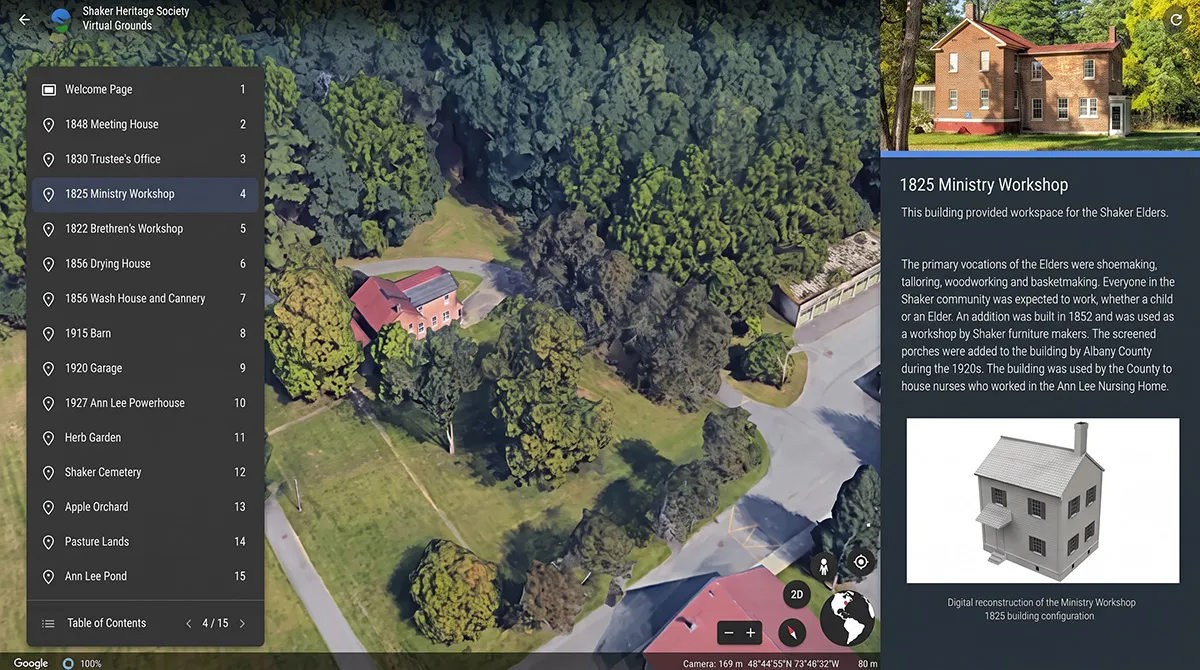 Google Earth desktop tour aerial view with a numbered list of Church Family buildings