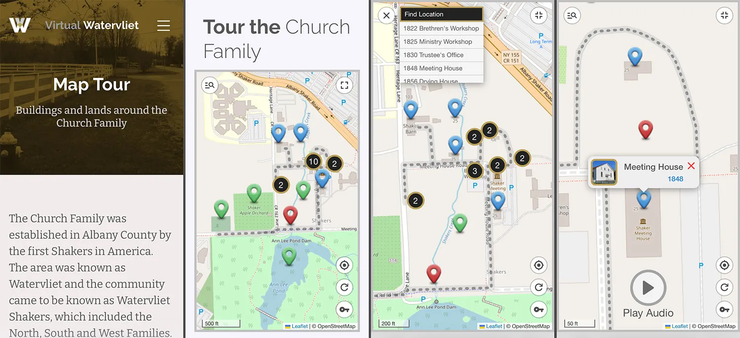 Google Earth desktop tour aerial view with a numbered list of Church Family buildings